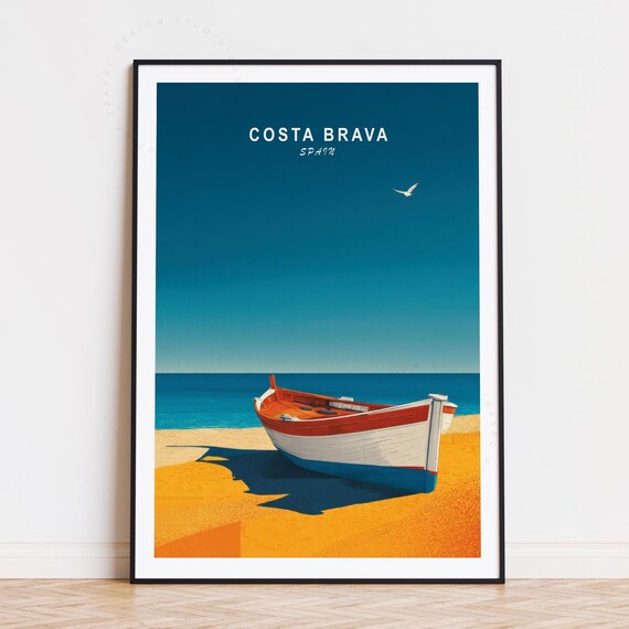 Costa Brava Spain Red Fishing Boat Sunny Beach Blue Sky Poster