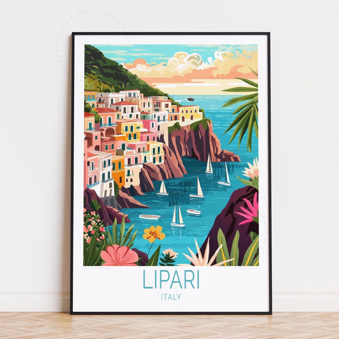 Lipari Italy Pastel Cliff Town Harbor Sailboats Flower Travel Poster