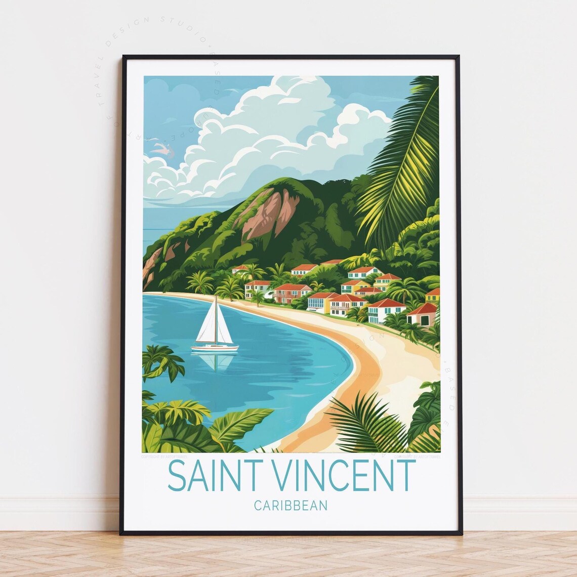 Saint Vincent Caribbean Beach Sailboat Coastal Town Travel Poster