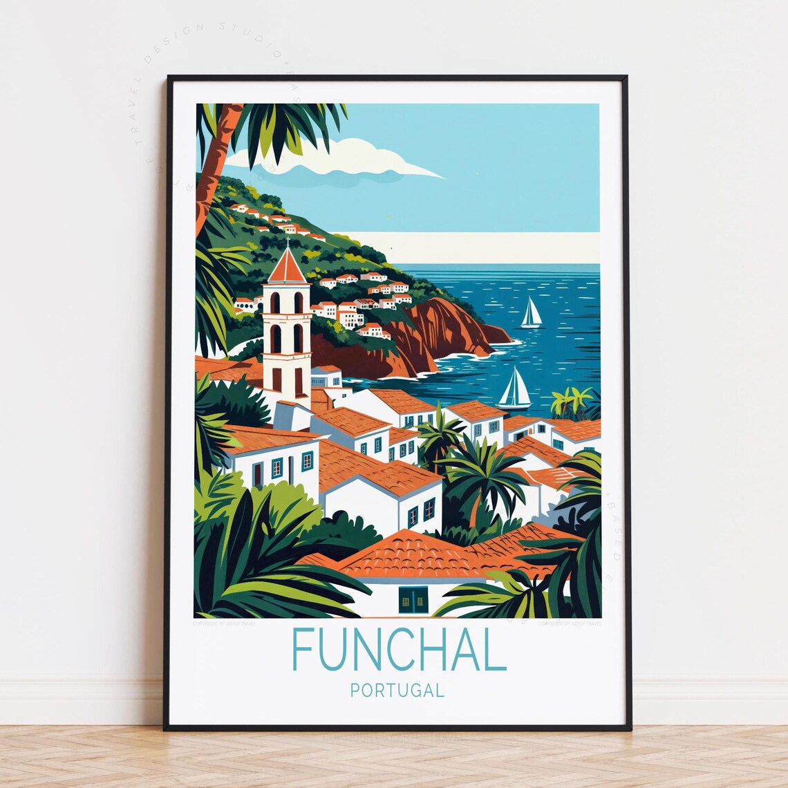 Funchal Portugal Coastal Town Church Tower Palms Sea Sails Poster