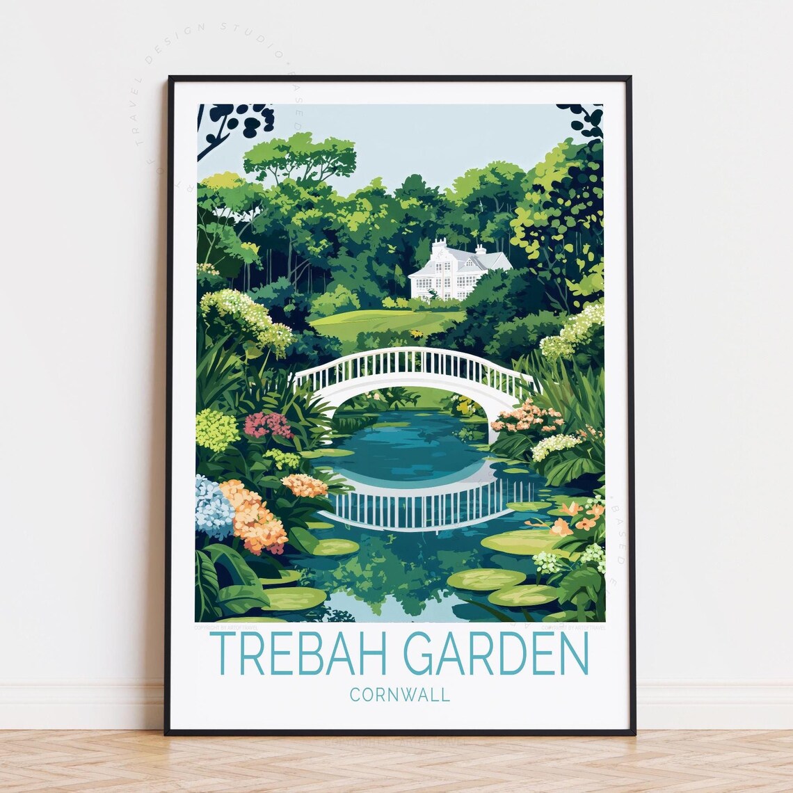Trebah Garden Cornwall Travel Poster White Bridge And Lily Pond