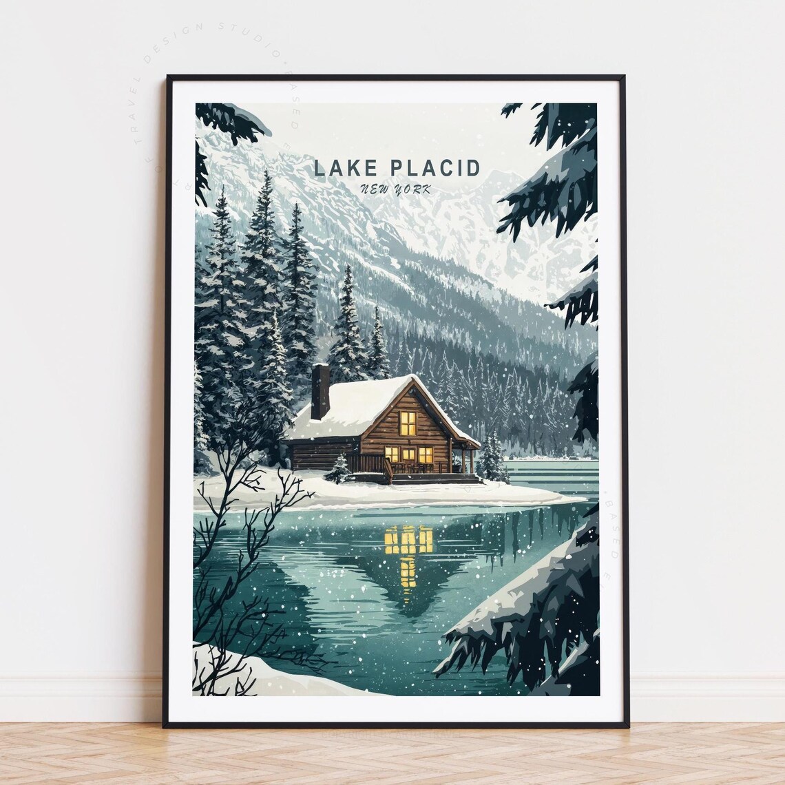 Lake Placid New York Snow Covered Log Cabin Pines Travel Poster