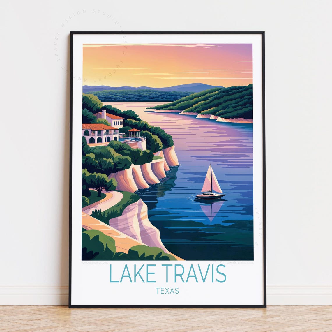 Lake Travis Texas Sunset Sailboat Cliffs Lakeside Villas Poster