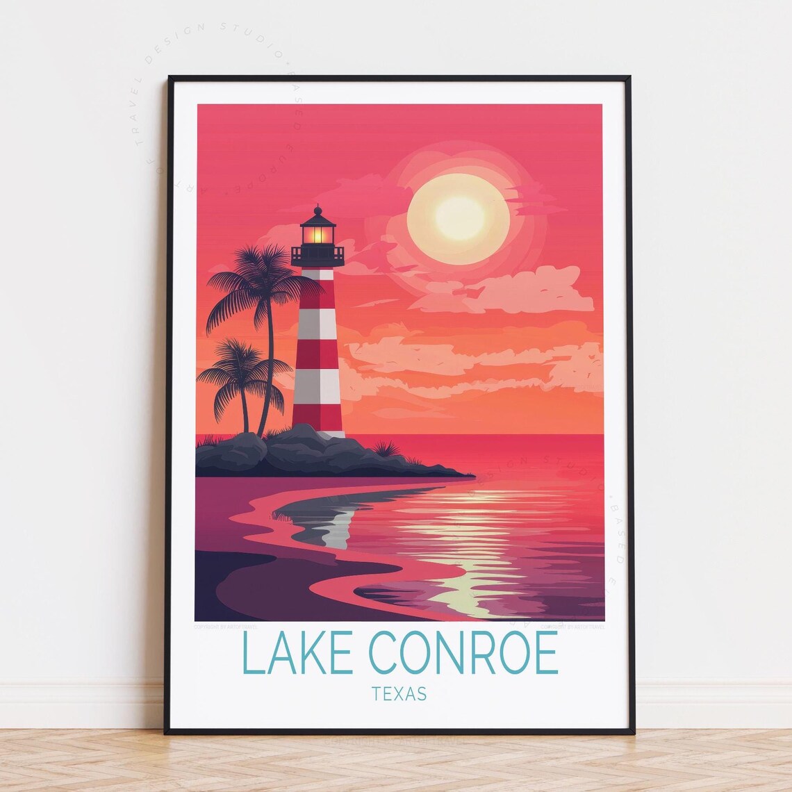 Lake Conroe Texas Pink Sunset Lighthouse Palm Trees Water Poster