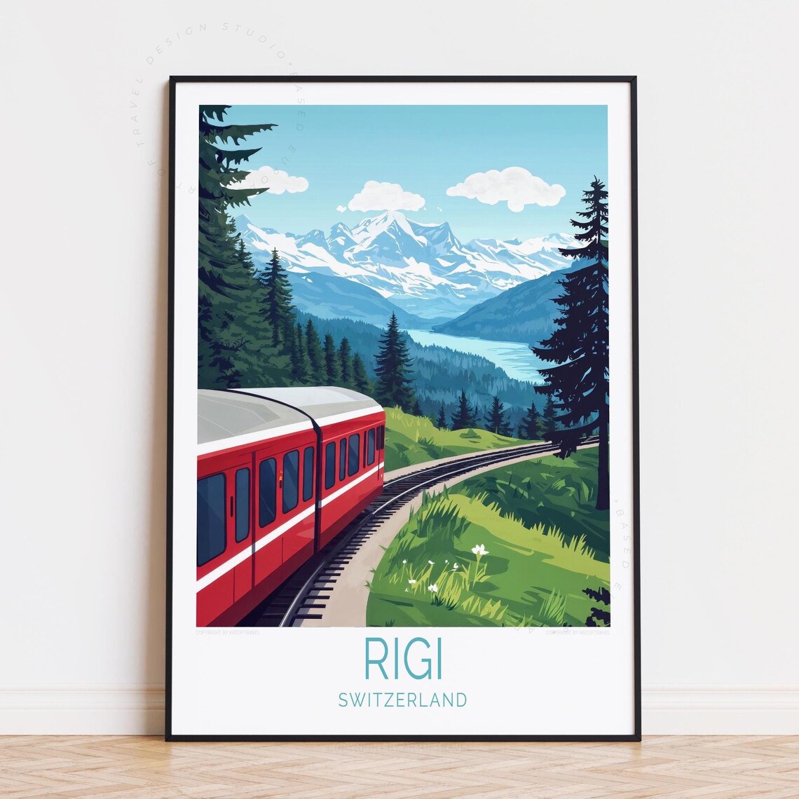 Rigi Switzerland Red Train Curving Track Through Green Hills Poster