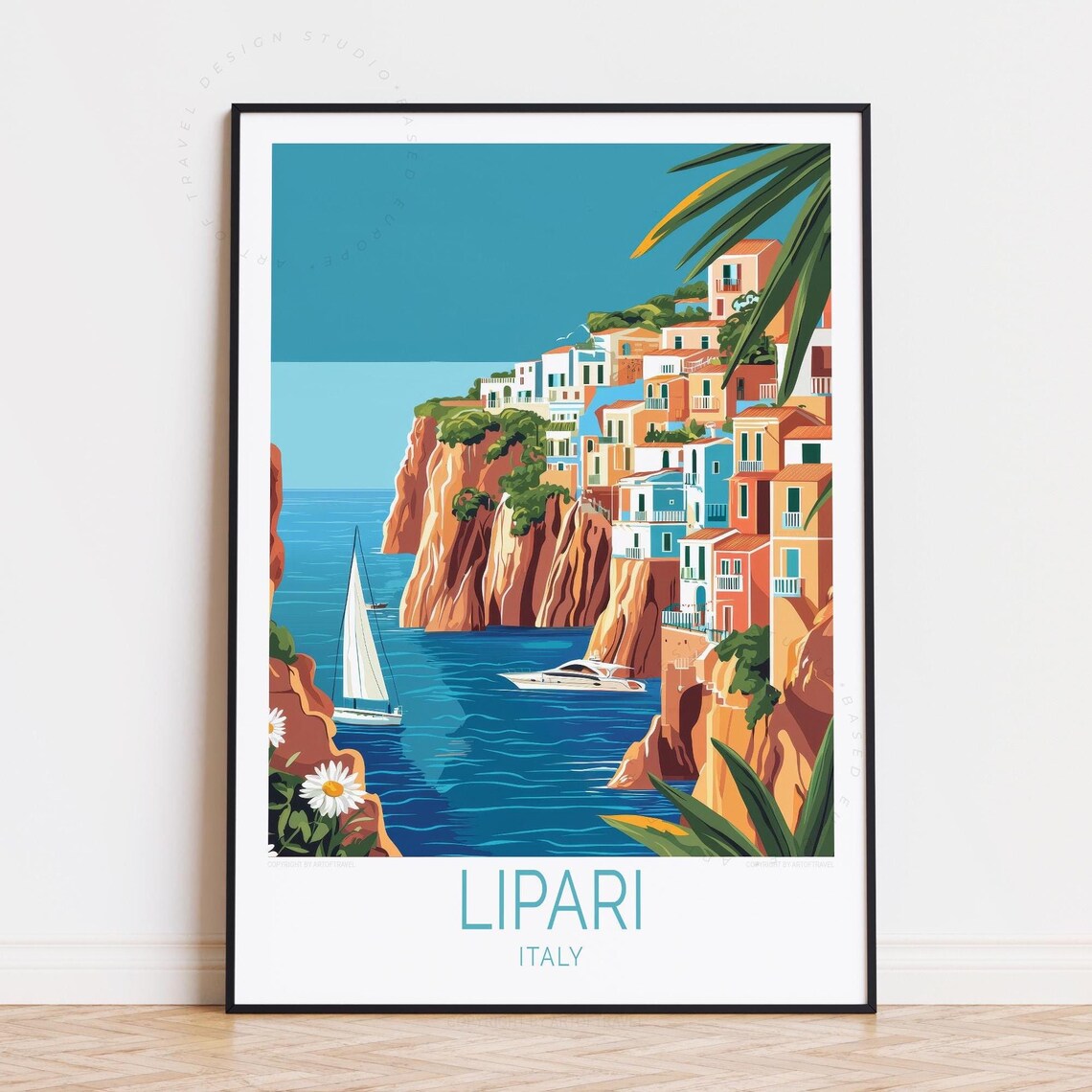 Lipari Italy Red Cliff Town Sailboat Daisies Coastal Travel Poster