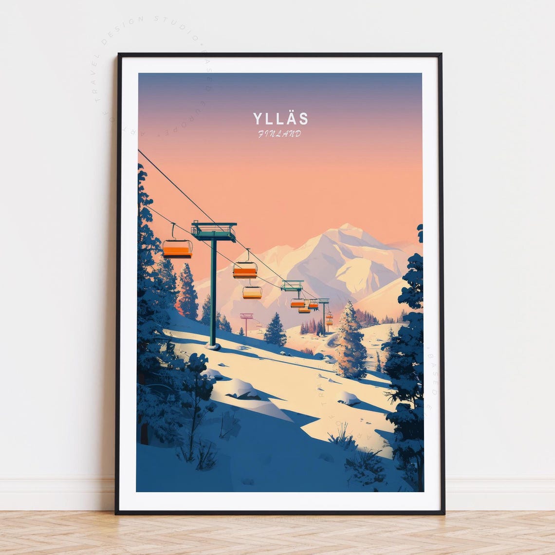 Yllas Finland Ski Gondolas at Sunset Over Snowy Mountain Poster