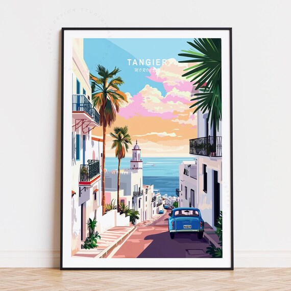 Tangier Morocco Vintage Blue Car Minaret Coastal Street Poster