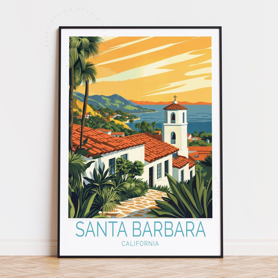 Santa Barbara California Mission Sunset Vintage Travel Poster