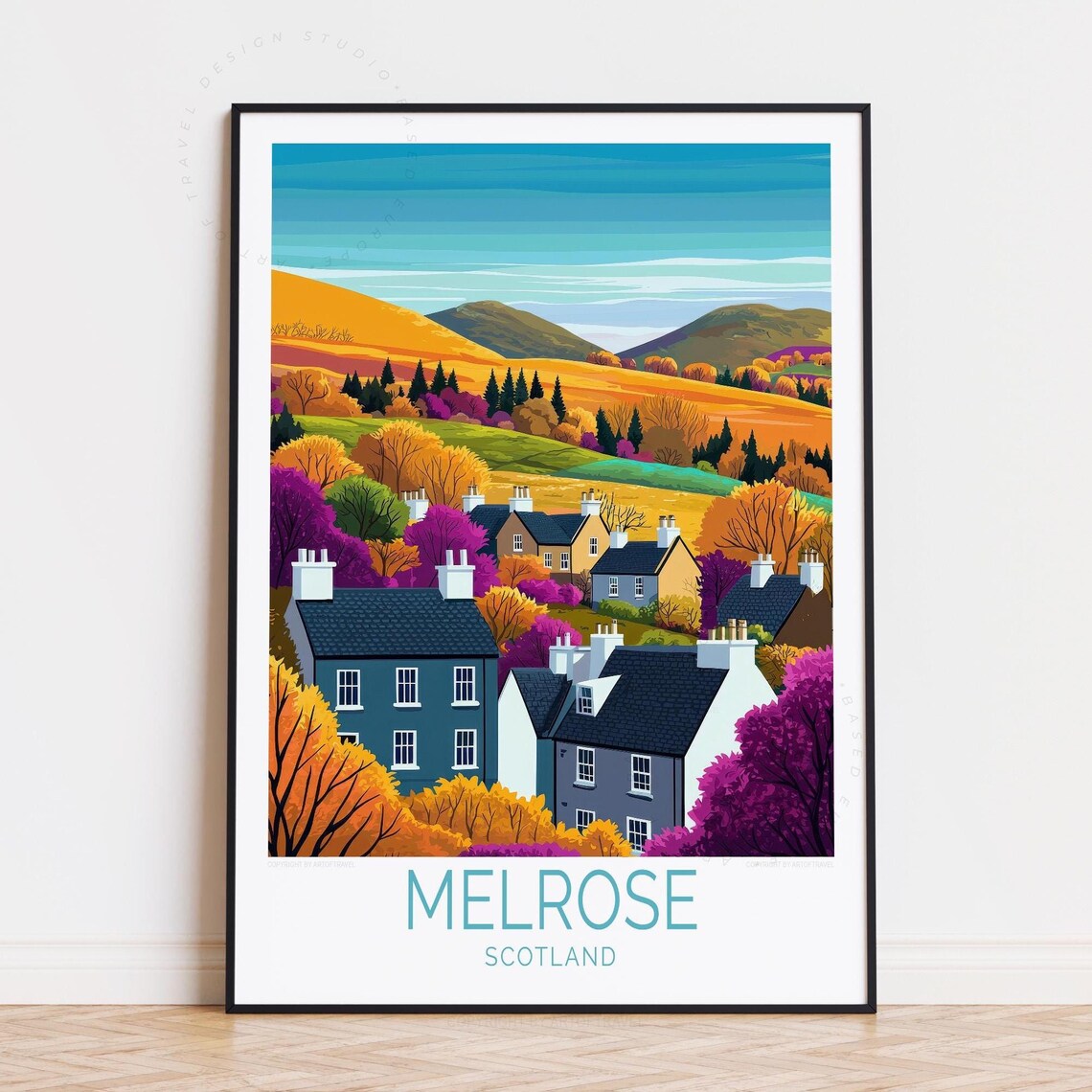 Melrose Scotland Autumn Village Hills Colorful Retro Travel Poster