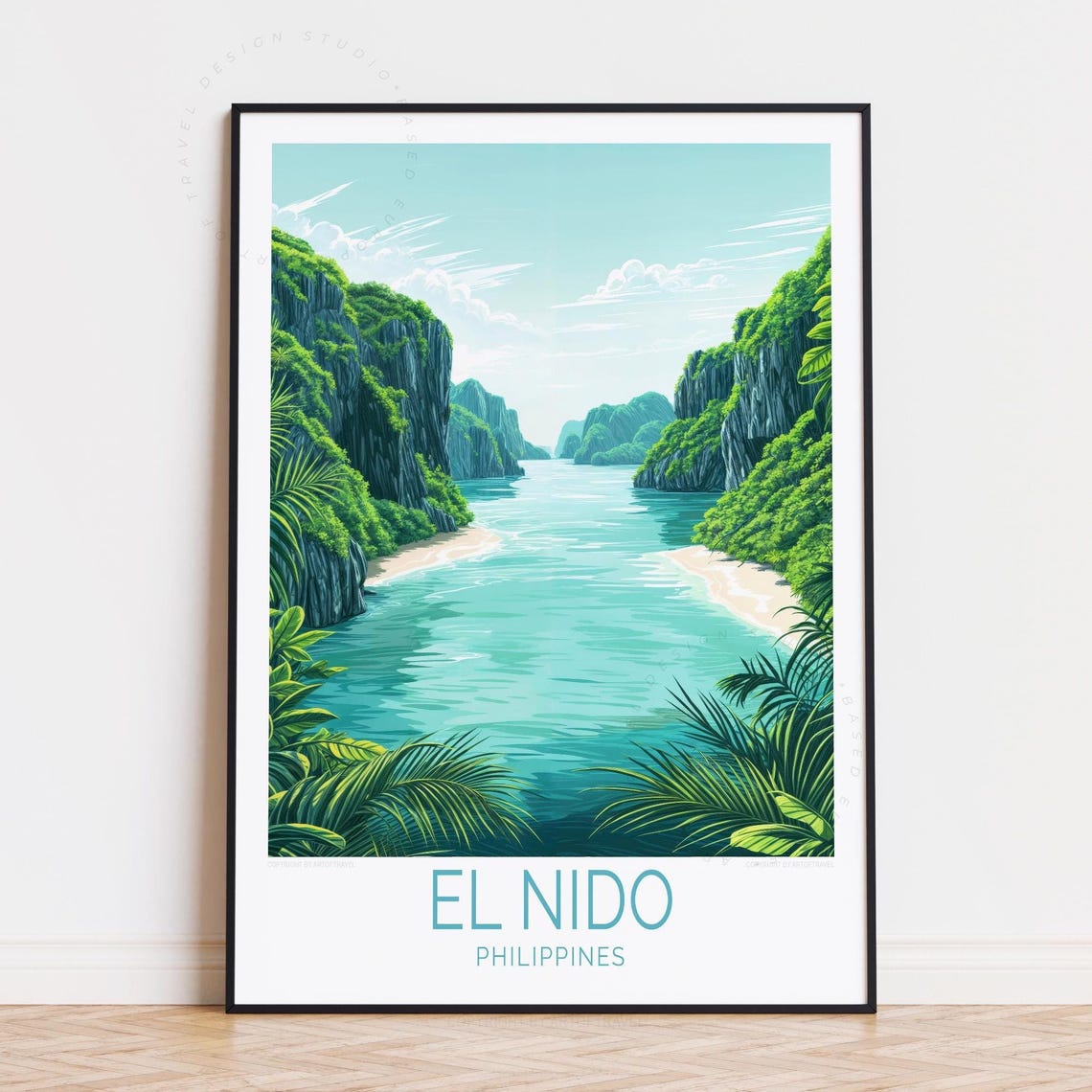 El Nido Philippines Emerald Lagoon Karst Cliffs Vintage Travel Poster