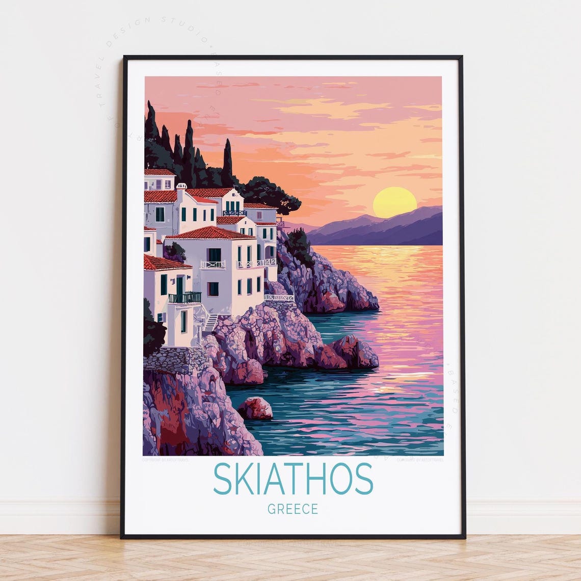 Skiathos Greece Sunset Rocky Shore Seaside Houses Retro Poster