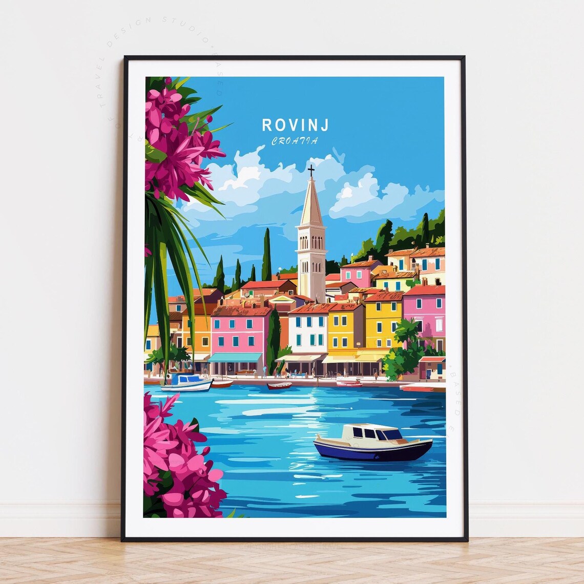 Rovinj Croatia Colorful Harbor Town Church Tower Boat Bay View Poster