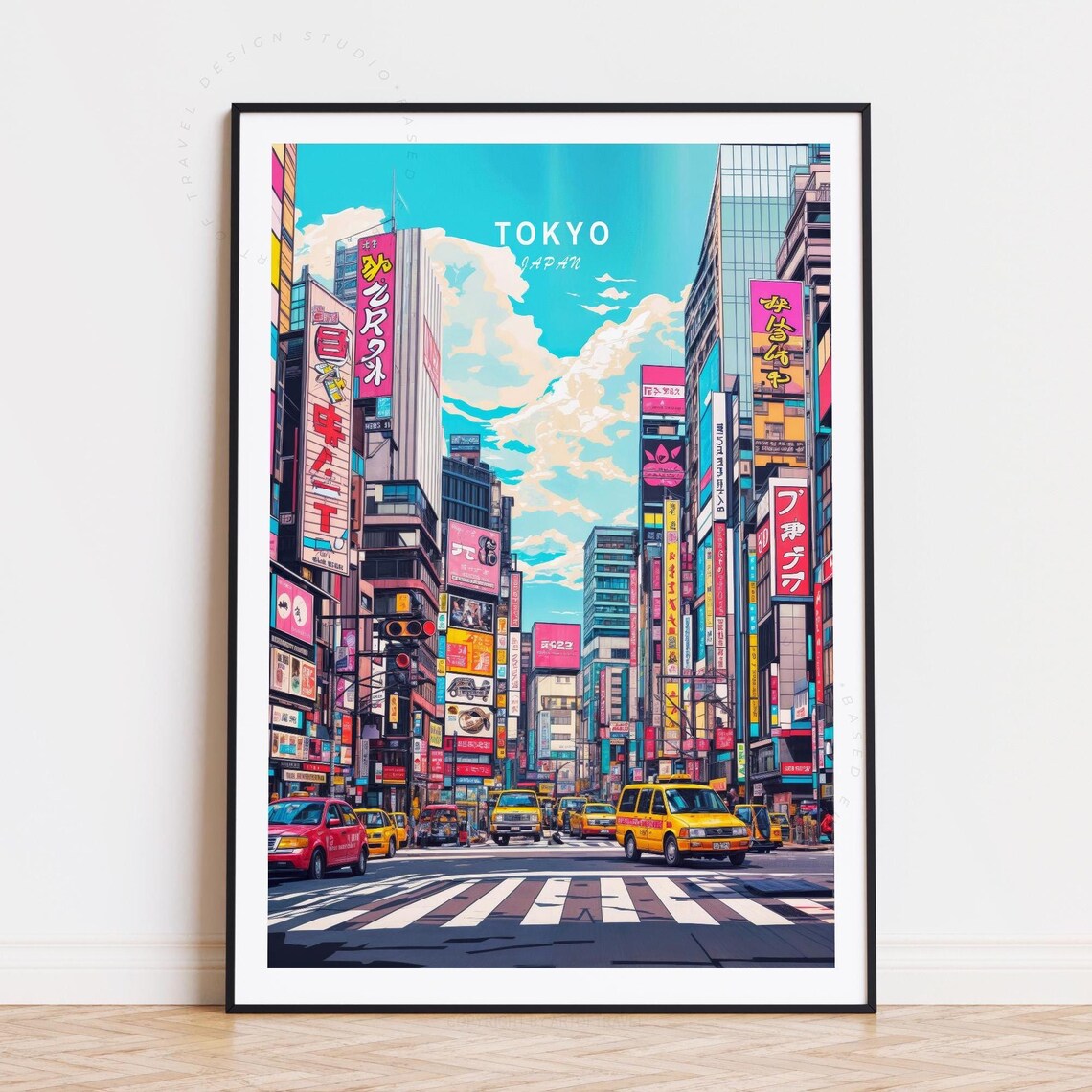 Tokyo Japan Neon Street Signs City Lights Taxis Crossing Poster