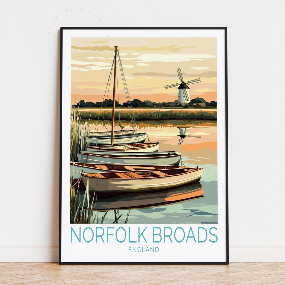 Norfolk Broads England Windmill Boats Sunset Waterway Poster