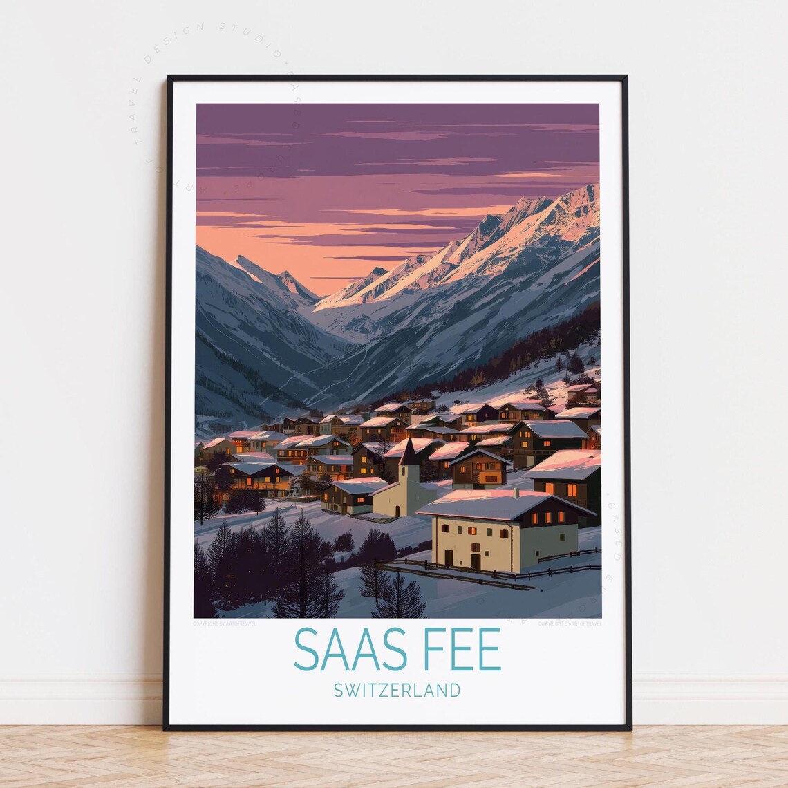 Saas Fee Switzerland Alpine Valley Village Winter Twilight Poster