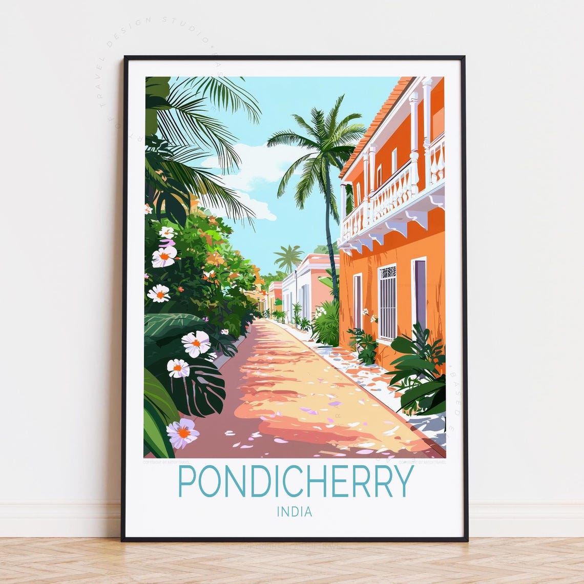 Pondicherry India French Quarter Flower Lined Street Palms Poster