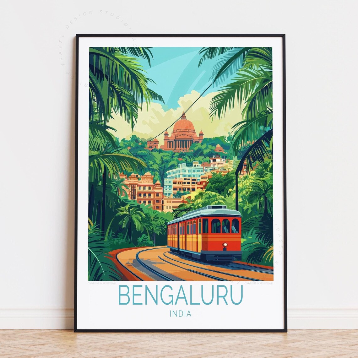 Bengaluru India Red Tram Palm Streets Colonial Dome Retro Poster