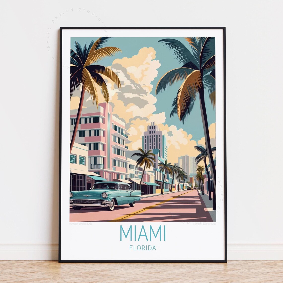 Miami Florida Art Deco Hotel Turquoise Classic Car City Poster