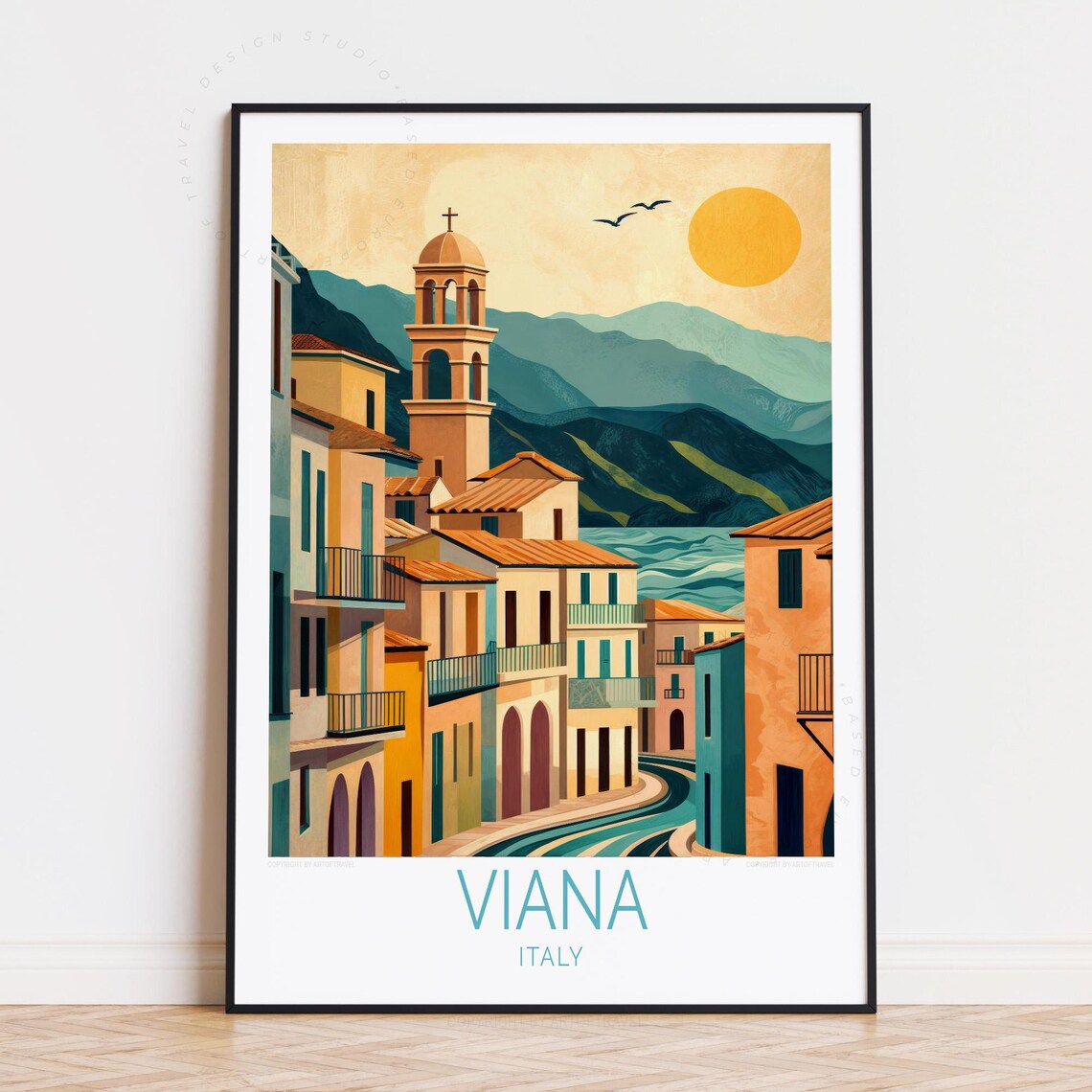 Viana Italy Sunlit Village Church Tower Italian Coast Travel Poster