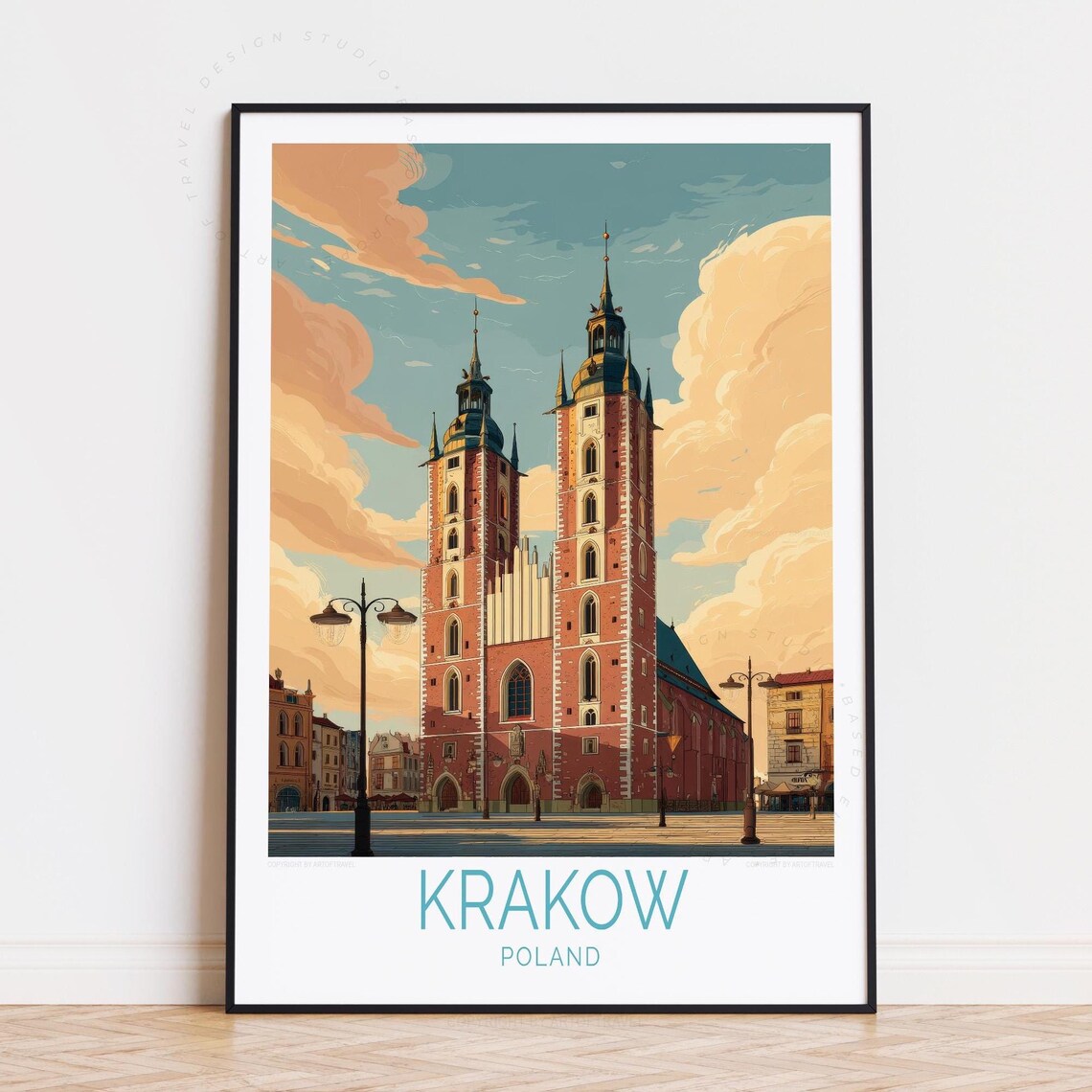 Krakow Poland St Marys Basilica Square Sunset Vintage Travel Poster