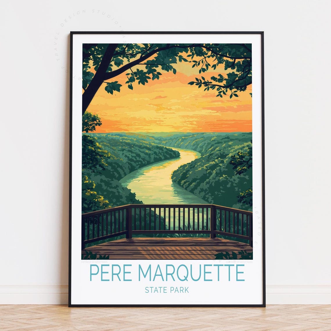 Pere Marquette State Park Wooden Deck Sunset River Bend Poster