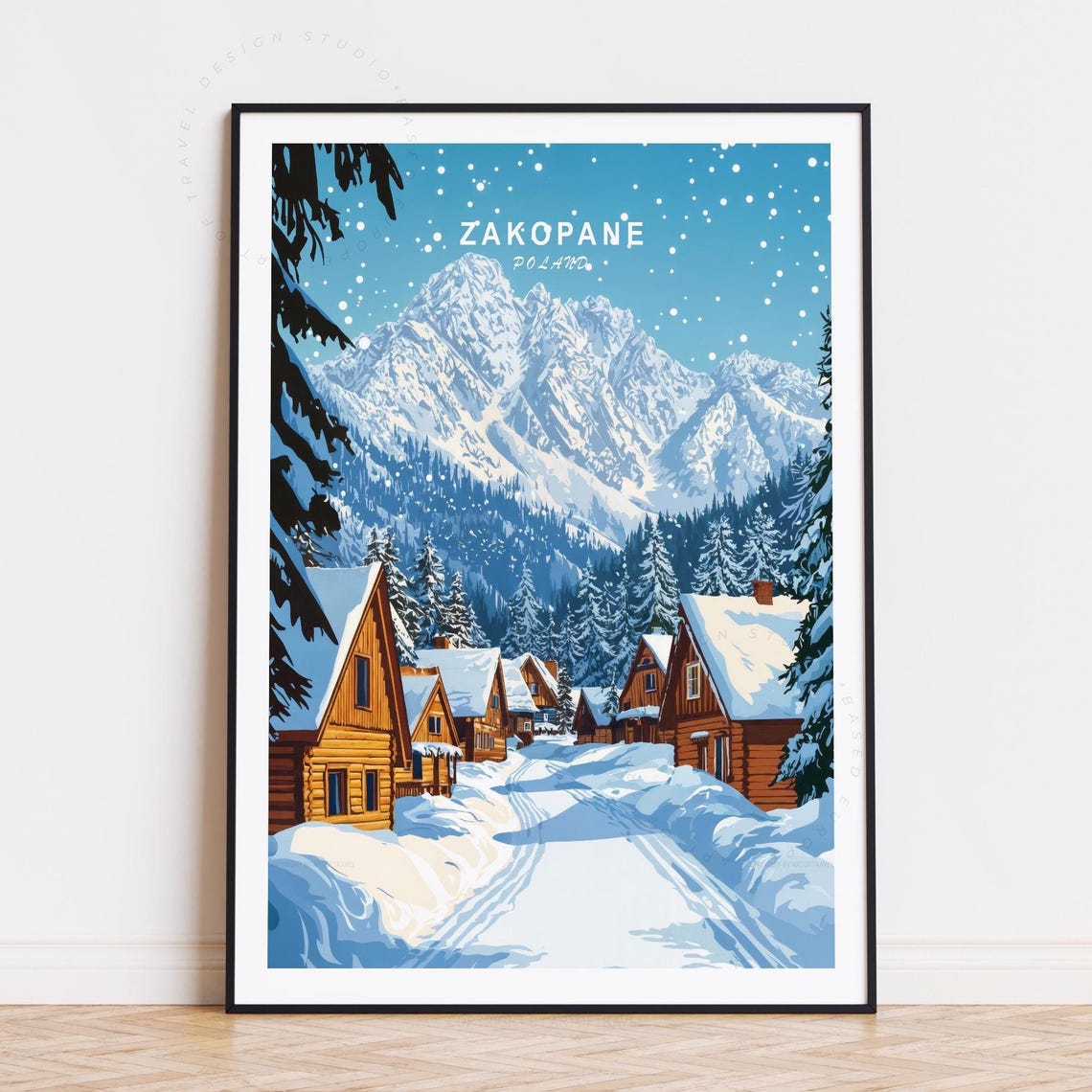 Zakopane Poland Snowy Village Falling Snow Over Mountain Poster