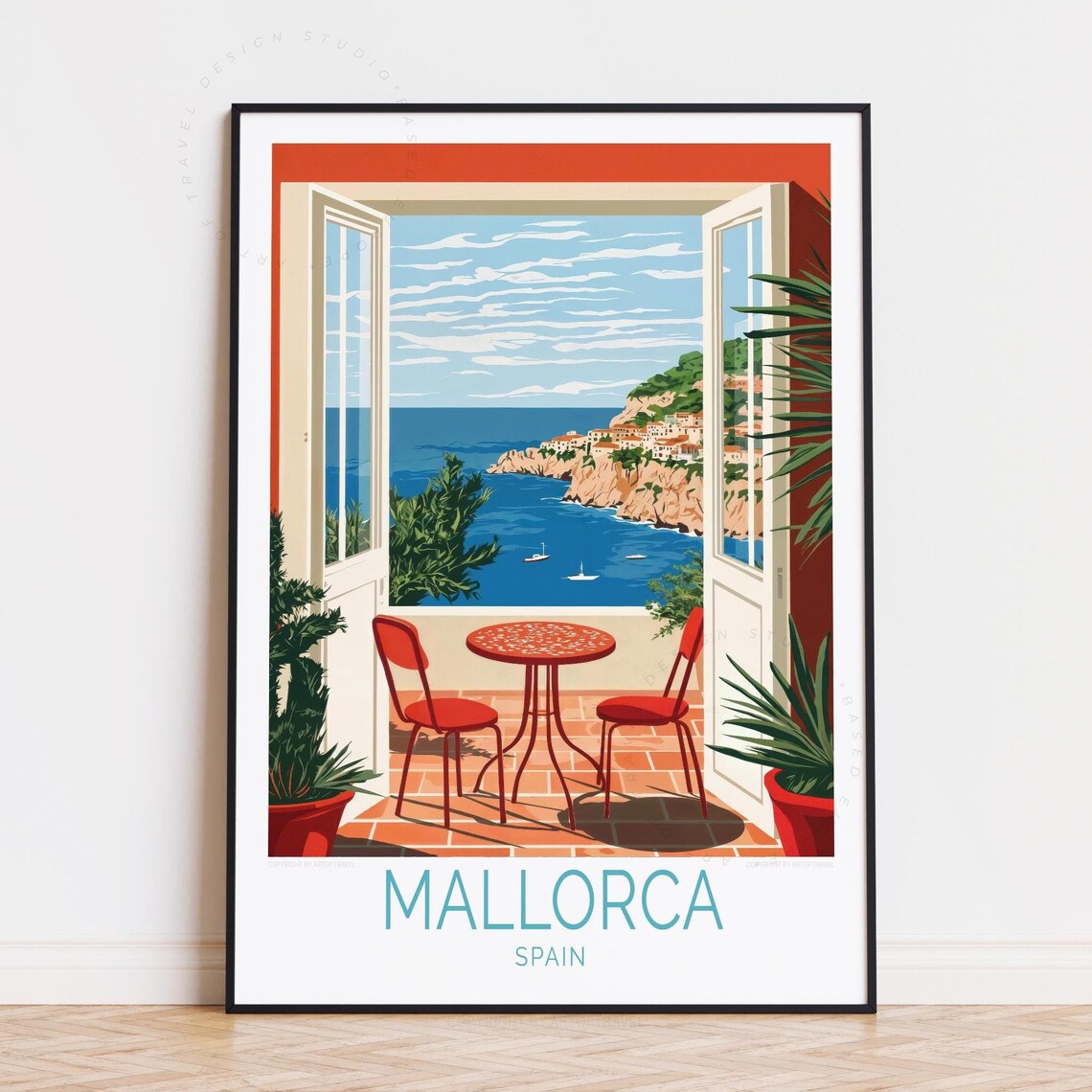 Mallorca Spain Terrace View Red Chairs Overlooking Bay Travel Poster