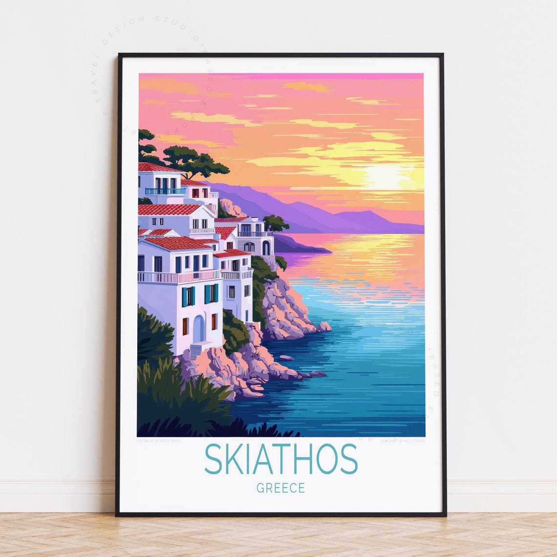 Skiathos Greece Wide Aegean Sunset Seaside Cliff Retro Poster