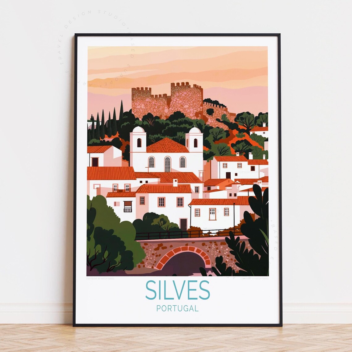 Silves Portugal Hilltop Castle and Old Church Sunset Travel Poster
