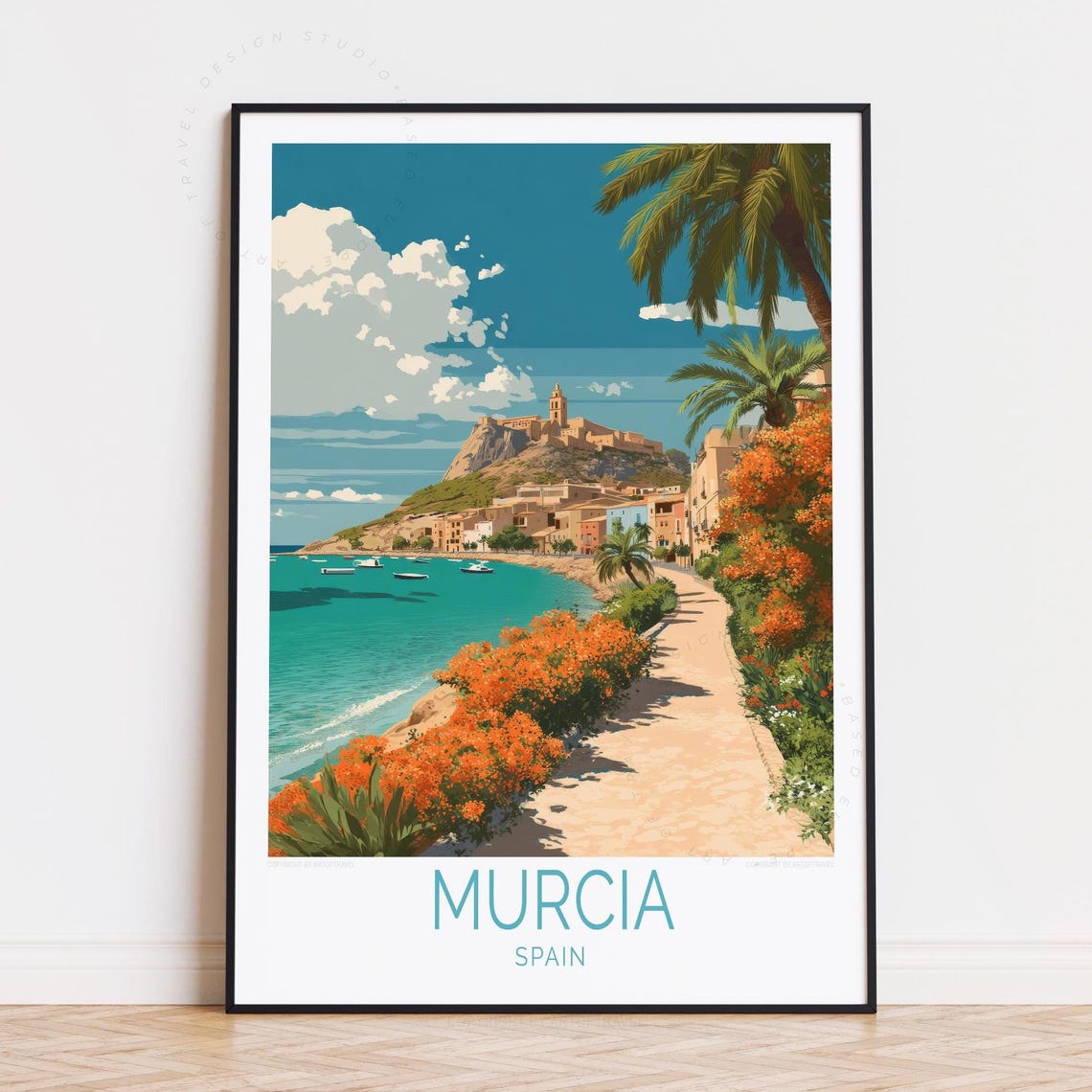 Murcia Spain Hilltop Castle Beach Bay Flower Path Vintage Poster