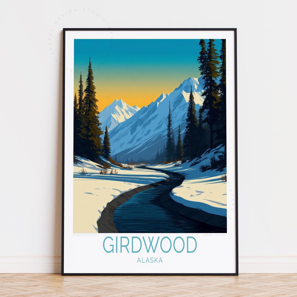 Girdwood Alaska Snowy River Valley Winter Sunset Scene Poster