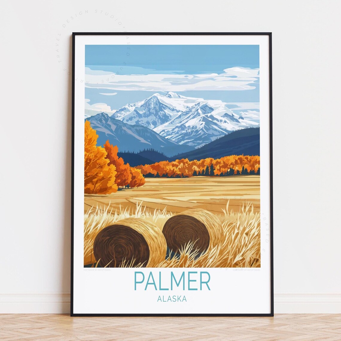 Palmer Alaska Autumn Harvest Hay Bales Mountain Valley Travel Poster