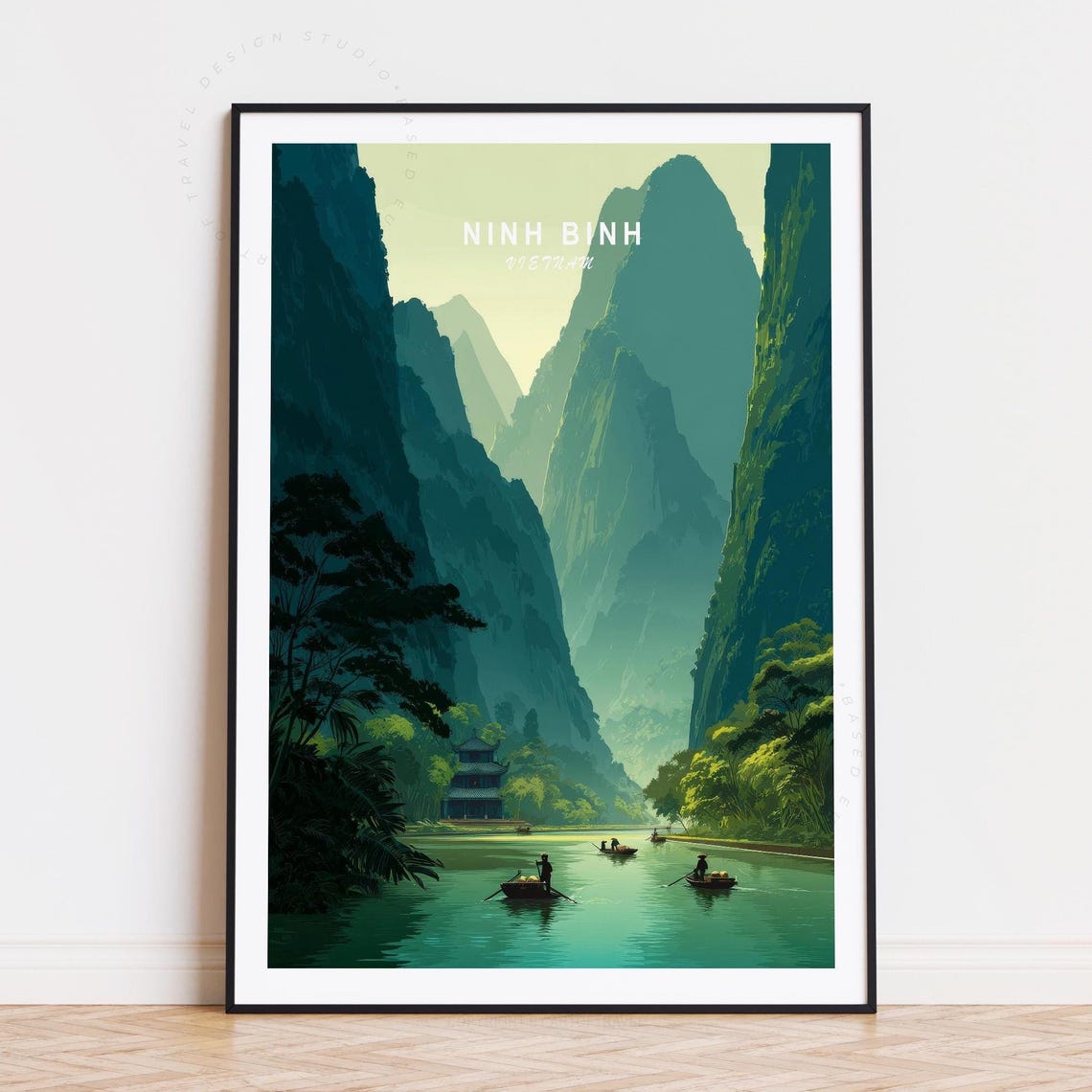 Ninh Binh Vietnam Karst Cliffs River Boats Pagoda Travel Poster