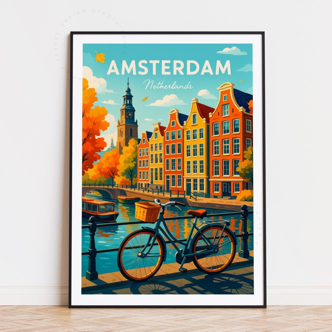 Amsterdam Netherlands Canal Houses And Bicycle Vintage Travel Poster