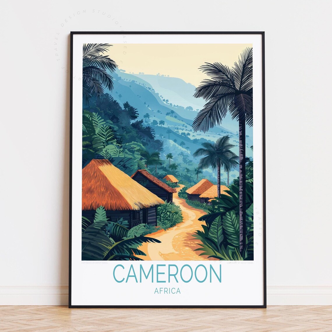 Cameroon Africa Tropical Village Huts Blue Mountain Hills View Poster