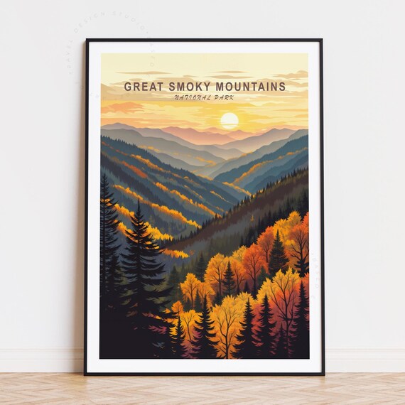 Great Smoky Mountains National Park Sunset Autumn Vintage Travel Poster