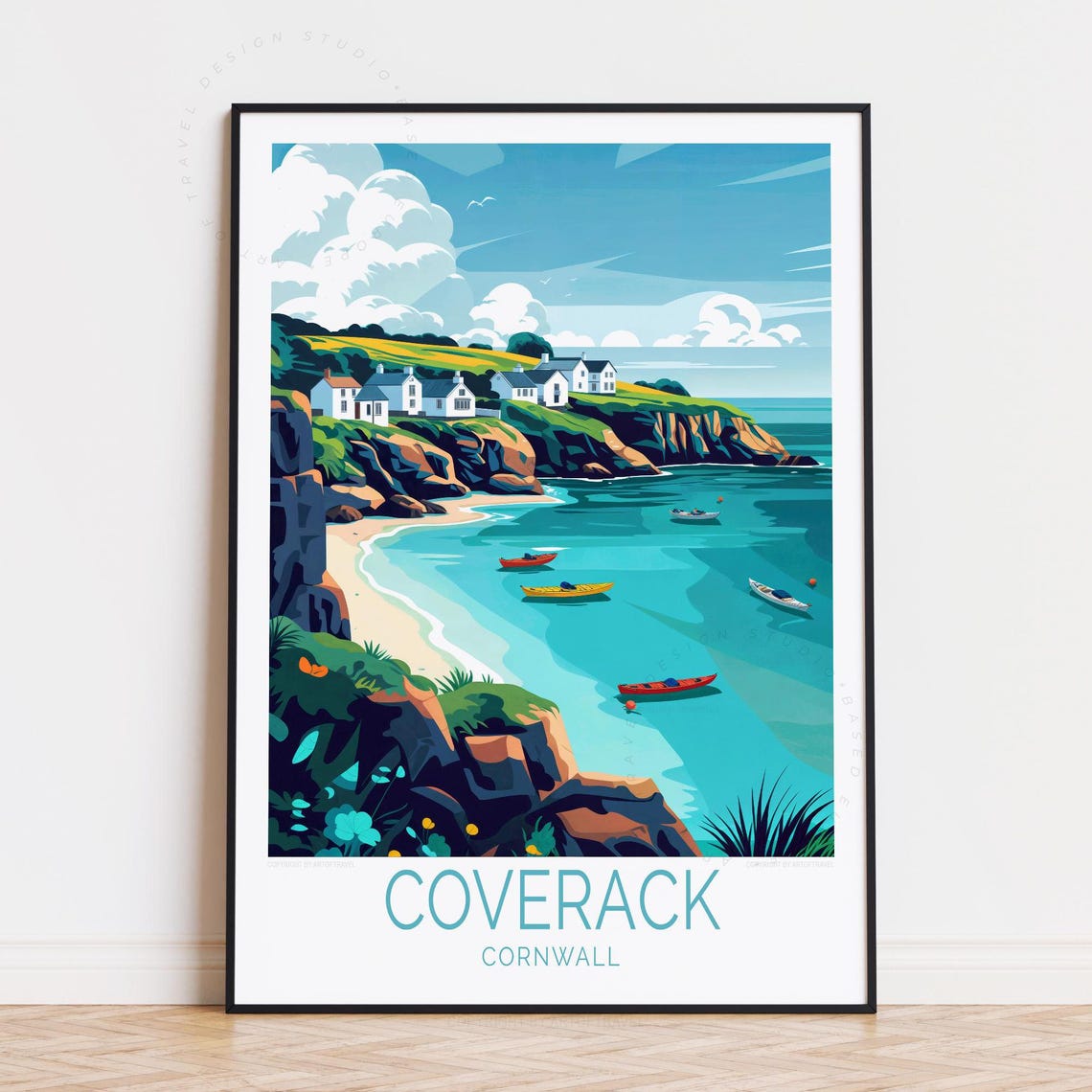 Coverack Cornwall Turquoise Bay Aerial View Boats Cliffs Travel Poster