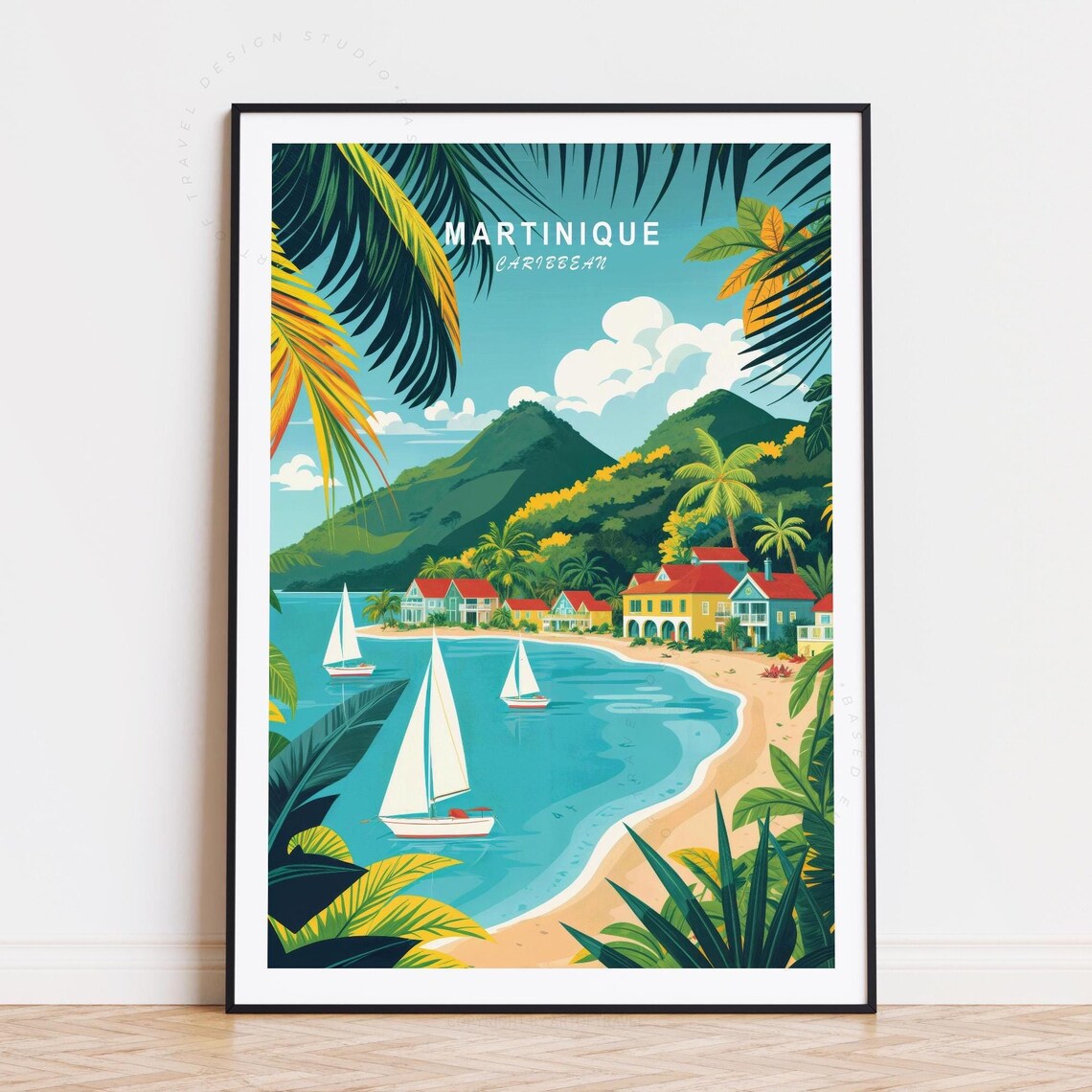 Martinique Caribbean Sailboat Bay Beach Houses Vintage Travel Poster