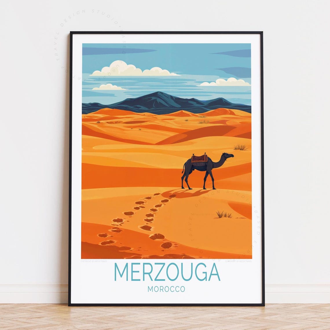 Merzouga Morocco Sahara Desert Camel Orange Dunes Wanderlust Poster