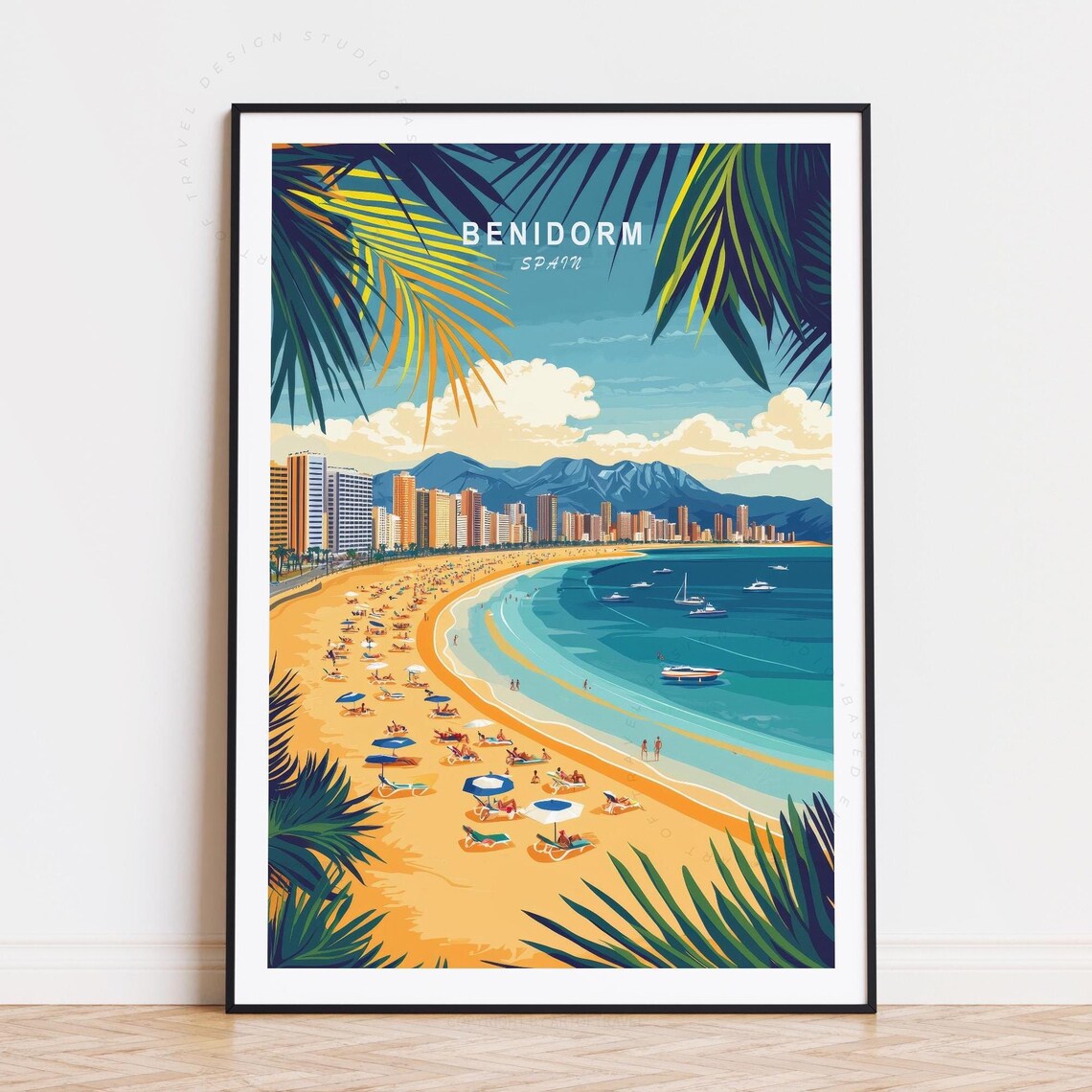 Benidorm Spain Retro Travel Beach Skyline Palm Fronds Poster
