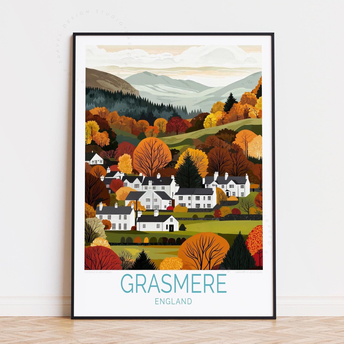 Grasmere England Misty Hills Autumn Village Landscape Travel Poster