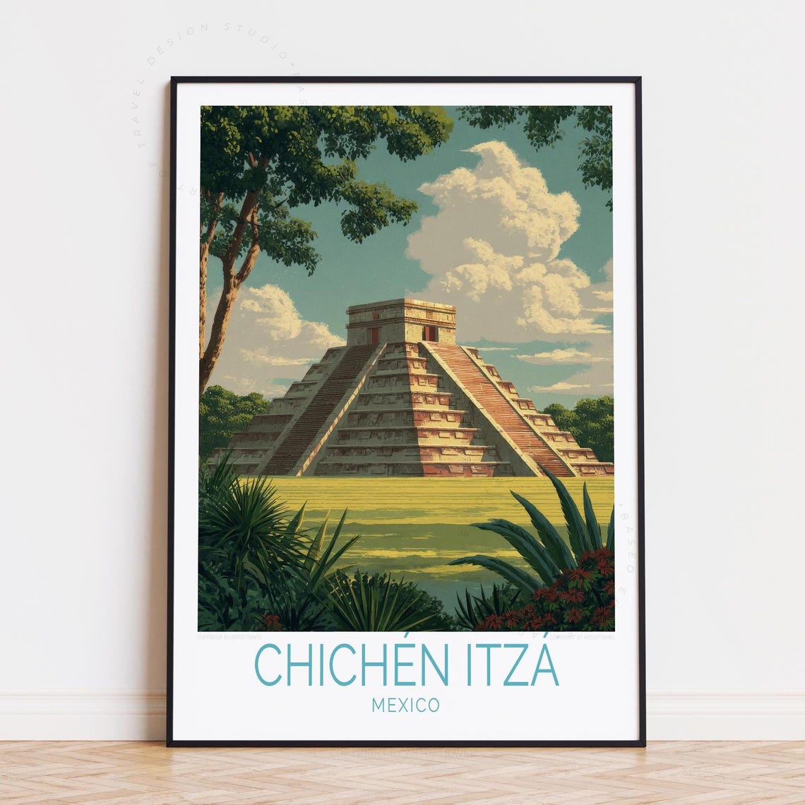Chichen Itza Mexico El Castillo Pyramid Agave Trees Vintage Poster