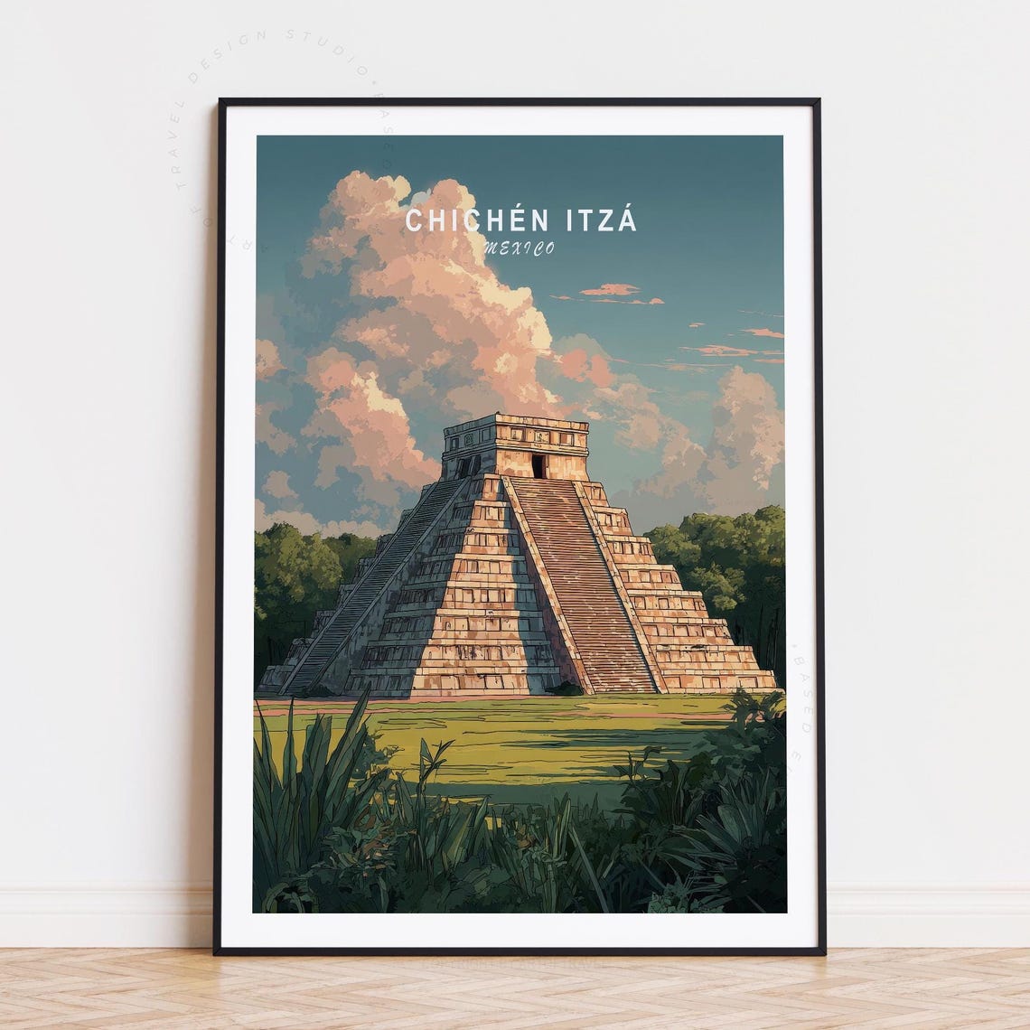 Chichen Itza Mexico El Castillo Sunset Sky Retro Travel Poster
