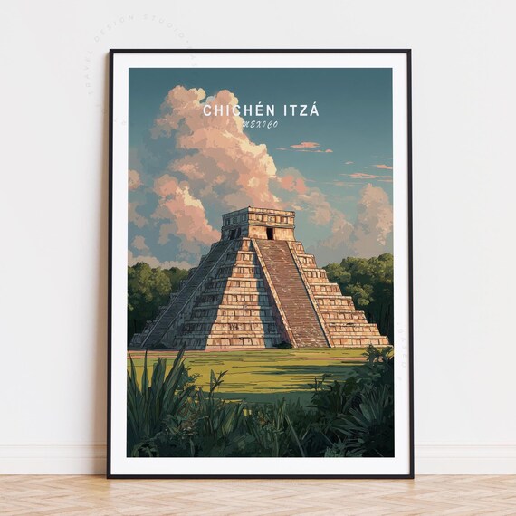 Chichen Itza Mexico El Castillo Sunset Sky Retro Travel Poster