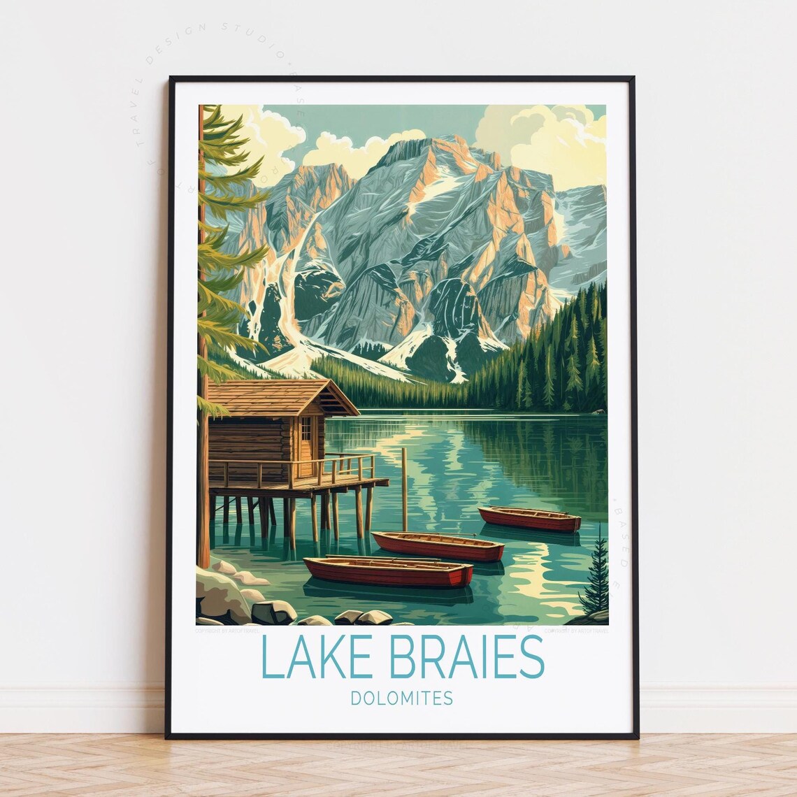 Lake Braies Dolomites Wooden Cabin Rowboats Vintage Travel Poster