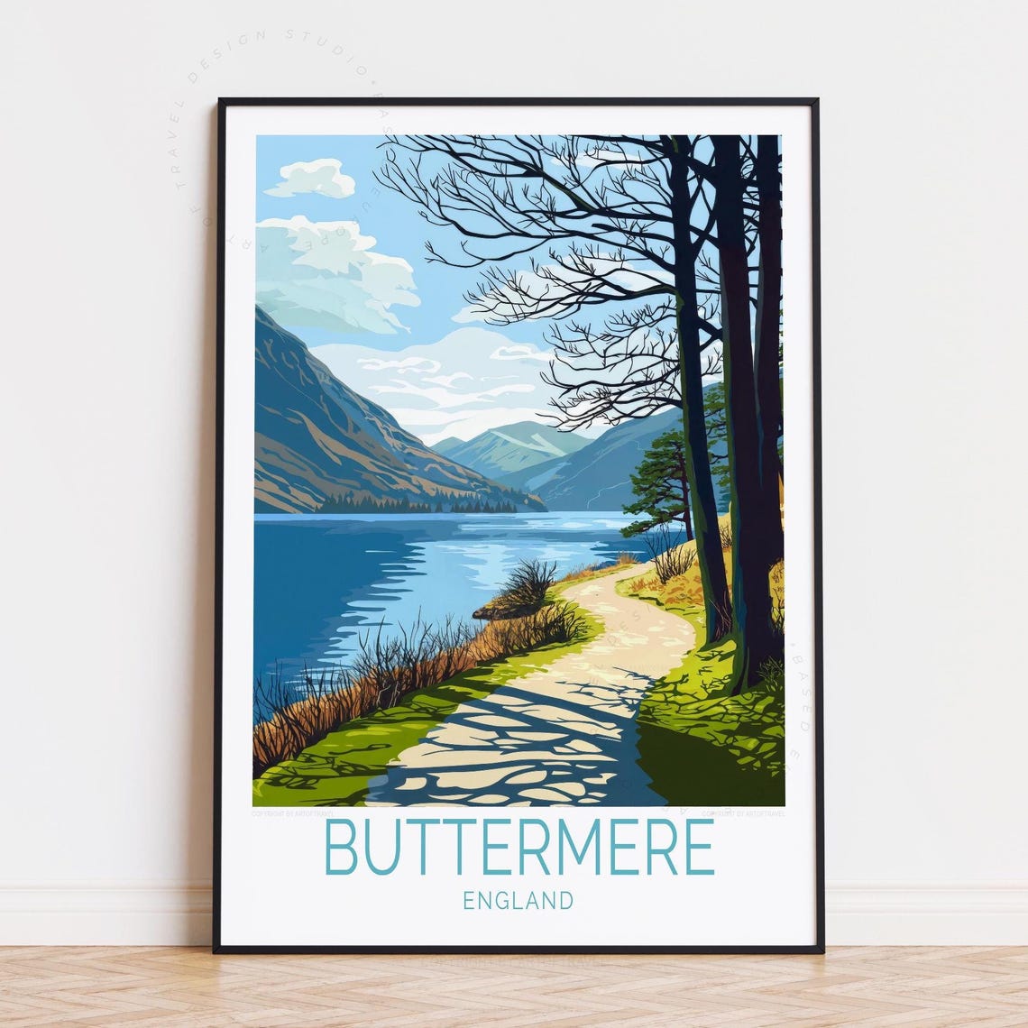 Buttermere England Lakeside Path Tall Trees Blue Water Poster