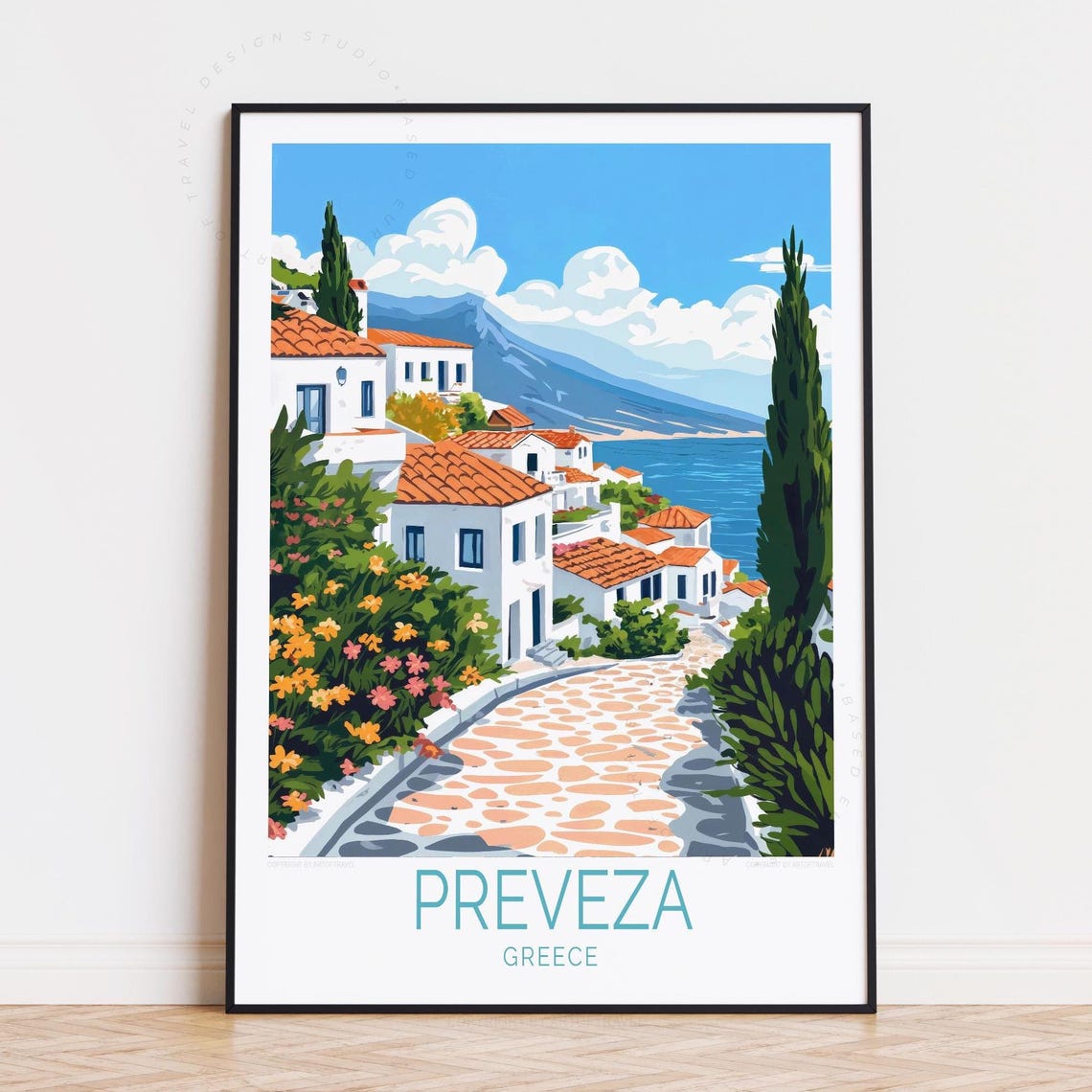 Preveza Greece Whitewashed Village Street Floral Lane Travel Poster