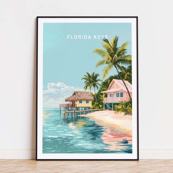 Florida Keys Stilt Hut Pink Beach House Palms Sunny Lagoon Poster
