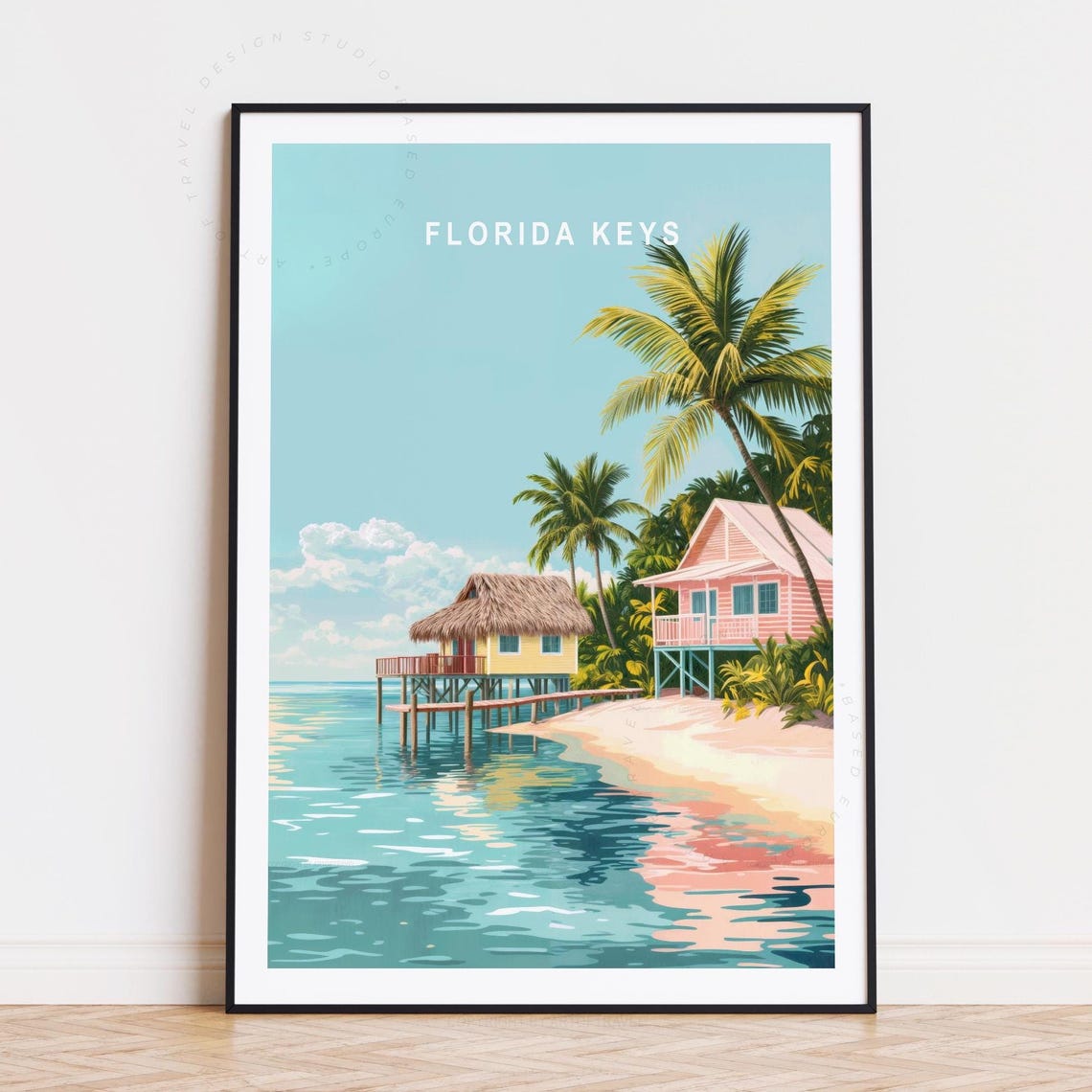 Florida Keys Stilt Hut Pink Beach House Palms Sunny Lagoon Poster